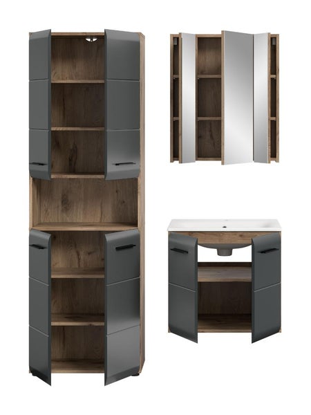 Badezimmermöbel-Set in Holzoptik mit anthrazitfarbenen Fronten, bestehend aus Hochschrank, Spiegelschrank und Waschbeckenunterschrank mit Becken.