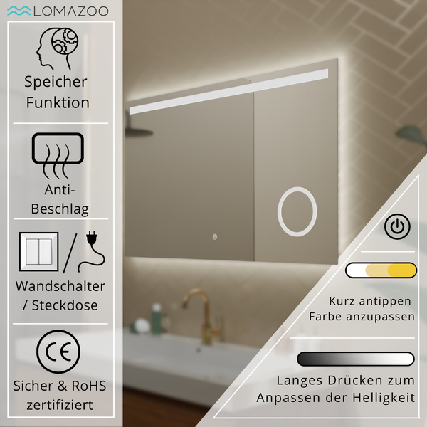 Lomazoo Badezimmerspiegel mit LED Beleuchtung, Anti Beschlag Funktion, Speicherfunktion und anpassbarer Lichtfarbe sowie Helligkeit.