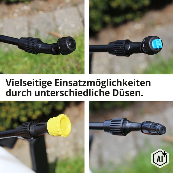Vier Bilder zeigen verschiedene Aufsätze für eine Sprühlanze eines Drucksprühgeräts zur flexiblen Bewässerung oder Pflanzenschutzbehandlung.