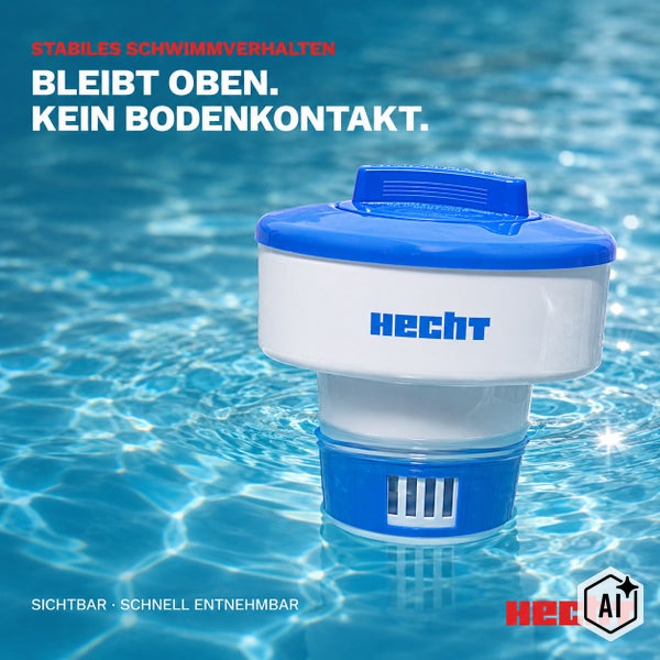Hecht Pool Dosierschwimmer für Chlortabletten schwimmt stabil auf der Wasseroberfläche zur gleichmäßigen Wasserpflege im Pool.