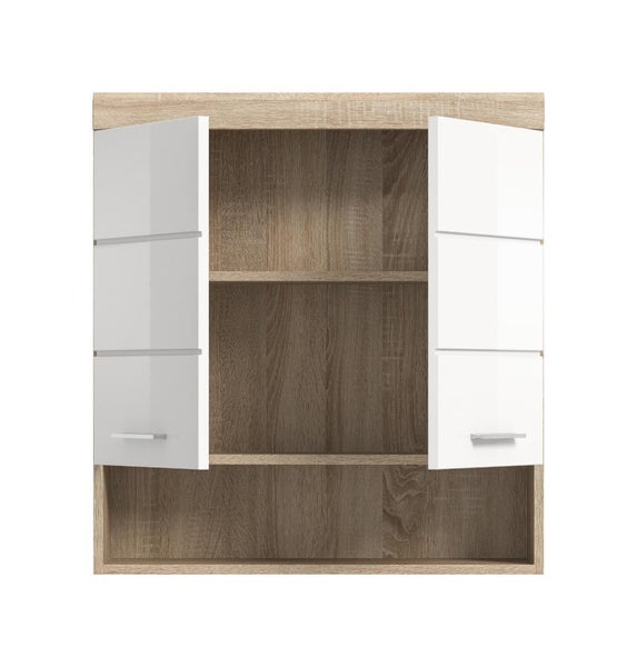 Badezimmer-Wandschrank in Eichenoptik mit zwei geöffneten weißen Türen und drei Ablagefächern.