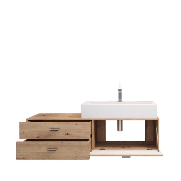 Geo Bad Waschbeckenunterschrank 2 Schubladen, 1 Klappe, Waschbecken Eiche Dekor, MineralgussAufsatzwaschbecken weiß . 140 X 53 X 50 cm