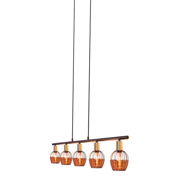 5er Pendelleuchte CORBIS,  Hängelampe aus Metall in Schwarz, mit Gold und Rattan, mit E14-Fassung, für Esszimmer, Wohnzimmer, Diele oder Büro, 100 cm lang