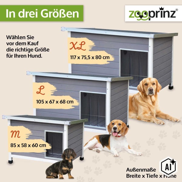 Drei Hundehütten aus Holz in verschiedenen Größen mit Hunden, Zooprinz Logo, Außenmaße in Zentimeter für Auswahl der passenden Größe.