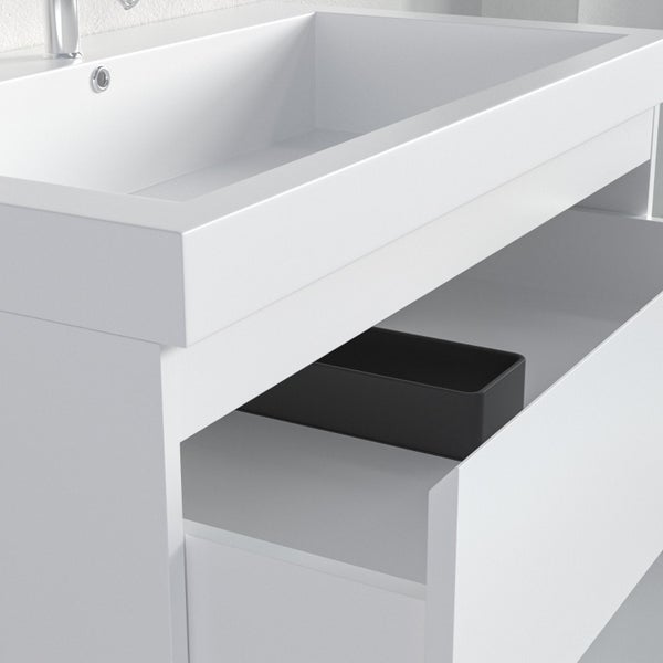 Moderner Waschbeckenunterschrank mit weißem Waschtisch und einer geöffneten Schublade mit schwarzer Organizerbox.