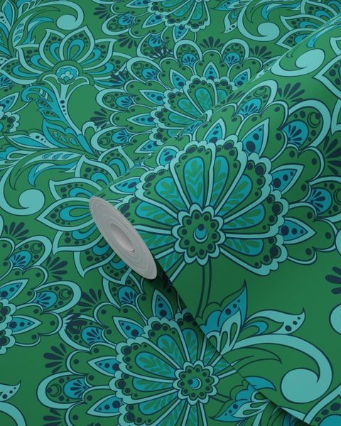 ESTAhome Tapete Blumenmuster Dunkelgrün - 50 x 900 cm - 131090