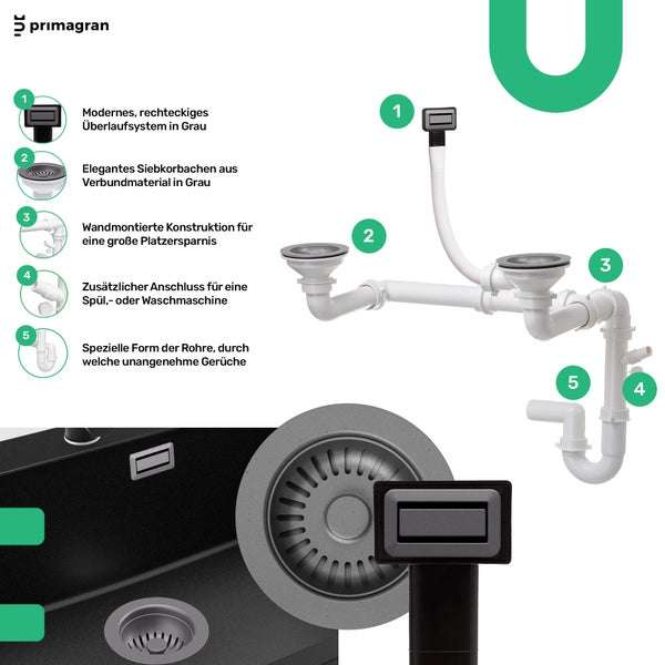 Spültischablaufgarnitur mit Siphon und Überlauf für Spüle