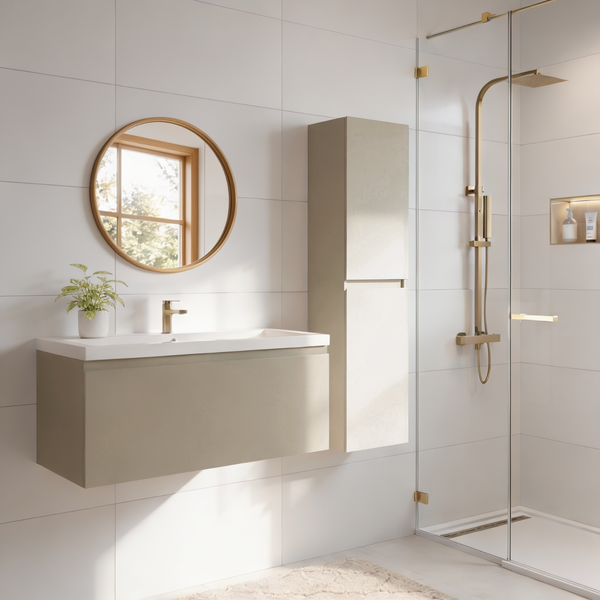 Modernes Badezimmer mit hängendem Waschtisch, hohem Schrank, rundem Spiegel und begehbarer Dusche mit Armaturen in Metalloptik.