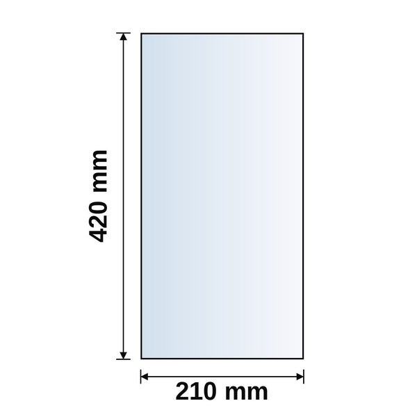 Rechteckige Fläche mit einer Höhe von 420 Millimeter und einer Breite von 210 Millimeter.