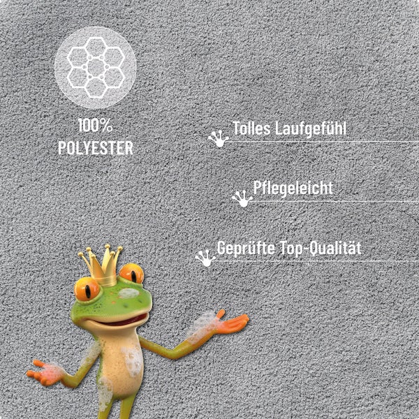 Grauer Teppich aus 100 Prozent Polyester mit Froschfigur sowie Hinweisen zu Gehkomfort, Pflegeleichtigkeit und geprüfter Qualität.