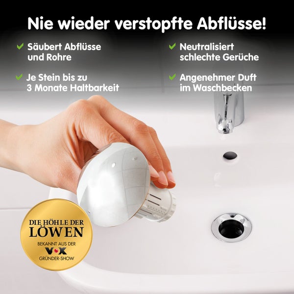 Hand setzt Abflussreiniger in Waschbecken ein. Reinigt Rohre und neutralisiert Gerüche. Mit Die Höhle der Löwen Logo.