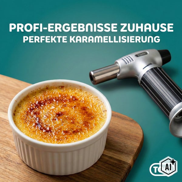 Ein Gasbrenner für die Küche neben einer Creme Brulee in einer Keramikform auf einem Holzbrett mit dem Schriftzug Profi Ergebnisse Zuhause.