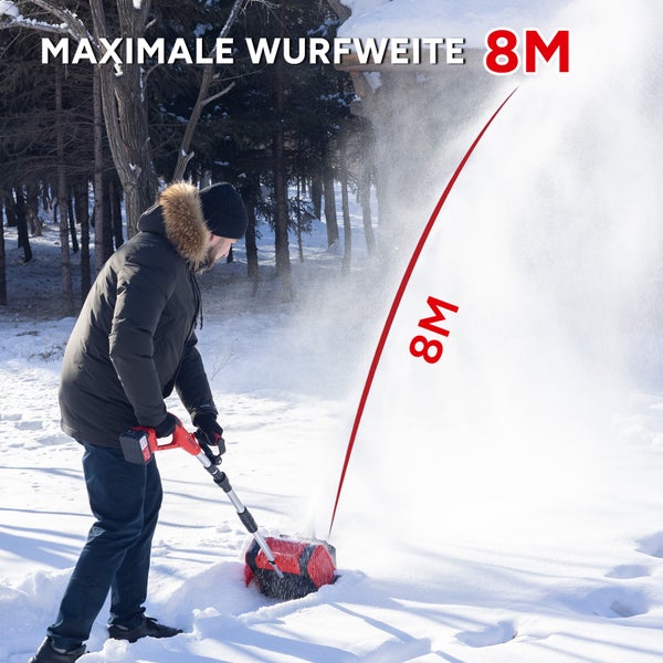 Mann benutzt eine Akku Schneefräse im Schnee mit einer maximalen Wurfweite von 8 Metern