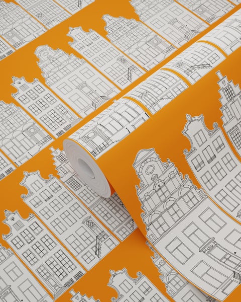 ESTAhome Tapete Amsterdamer Grachtenhäuser Orange und Weiß - 53 cm x 10.05 m - 115874