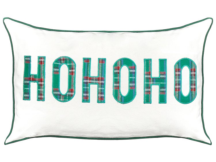 Rechteckiges Weihnachtskissen mit Aufschrift HOHOHO und Karomuster Applikationen