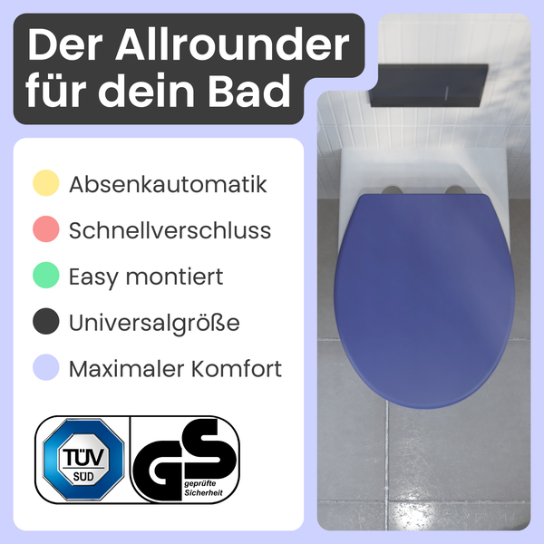 Badezimmer Interieur mit WC und WC-Sitz mit Absenkautomatik, Schnellverschluss, einfache Montage, Universalgröße und maximalem Komfort sowie TÜV Süd Siegel und Geprüfte Sicherheit Siegel.