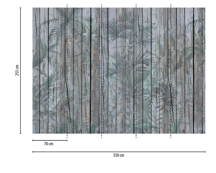 Fototapete in Holzoptik mit tropischen Blättern, Gesamtbreite 350 Zentimeter, Höhe 255 Zentimeter, Bahnbreite 70 Zentimeter.