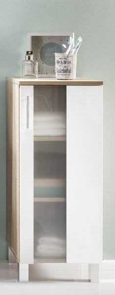 Porto Bad Standtype Stauraum 1 Tür Eiche Dekor, weiß, Glas satiniert. 33 X 31 X 80 cm