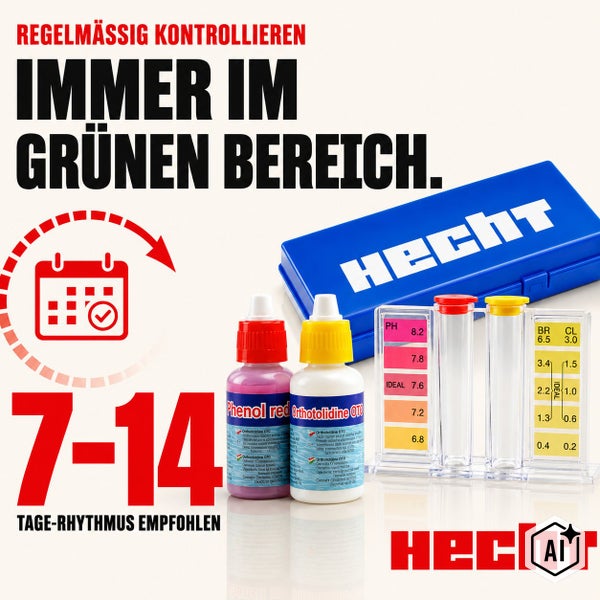 Hecht Pool Wassertestset mit Testreagenzien und Messkammer zur Bestimmung von pH und Chlor Werten zur regelmäßigen Poolwasserpflege.