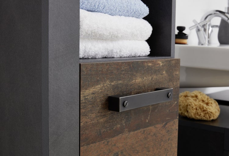CancunIndy Bad Hochschrank 2 Türen, 1 offenes Fach Eiche Dekor, Old Wood Dekor. 36 X 31 X 184 cm