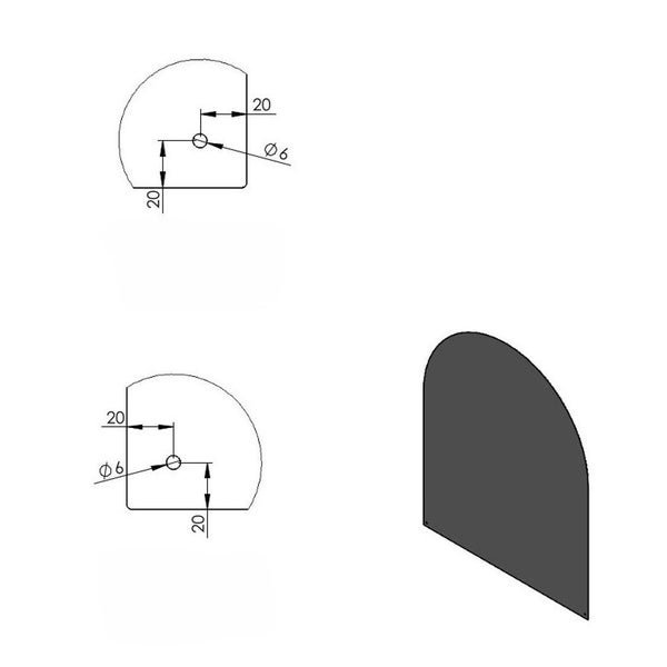 Technische Zeichnung und 3D-Ansicht eines abgerundeten Paneels mit Bohrungen Durchmesser 6 Millimeter und Randabstand 20 Millimeter.