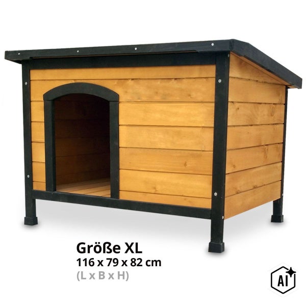 Hundehütte aus Holz in Größe XL mit den Maßen 116 mal 79 mal 82 Zentimeter.