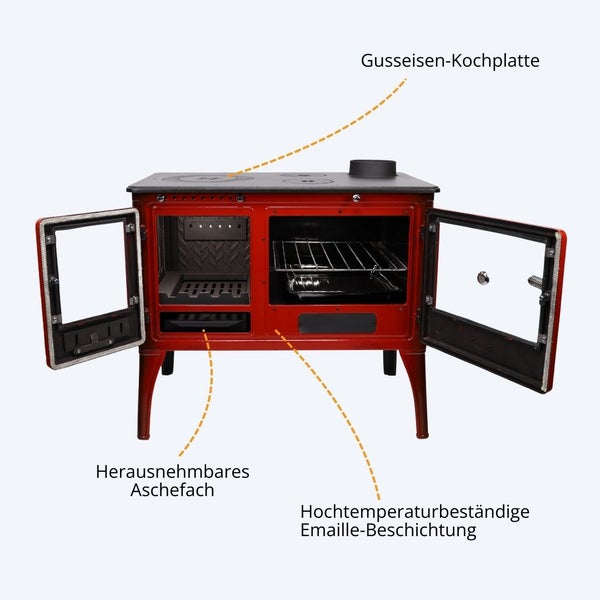 Großes Backfach eines roten Holzherdes inklusive Edelstahlrost, Backblech und integriertem Thermometer.