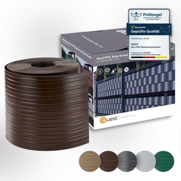 Quest Hart PVC Sichtschutzstreifen Rolle mit Verpackung und Prüfengel Siegel für geprüfte Qualität