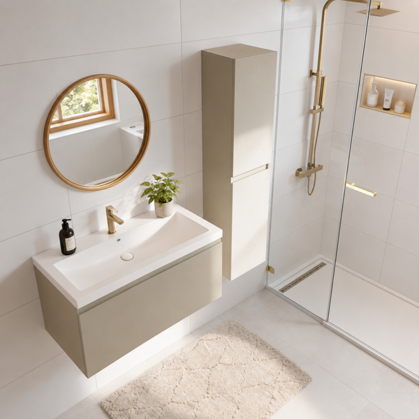 Modernes Badezimmer mit Waschtisch, wandhängendem Unterschrank, Hochschrank, rundem Spiegel und begehbarer Dusche mit Armaturen in Metalloptik.