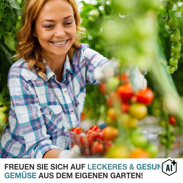 Eine lächelnde Frau erntet frische Tomaten in einem Gewächshaus, um ihr eigenes gesundes Gemüse aus dem Garten zu genießen.