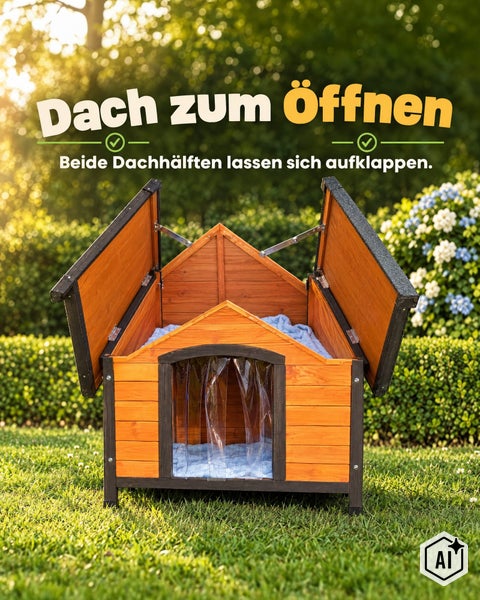 Holzhundehütte für den Garten mit aufklappbarem Dach und Lamellenvorhang vor dem Eingang auf einer Rasenfläche.