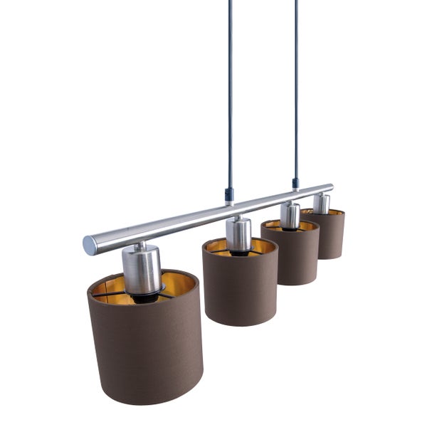 4er Pendelleuchte MARON aus Metall satiniert-matt mit Stoffschirmen  in Braun, mit E14-Fassung, Lampe für Wohnzimmer oder Esszimmer,71,5 x 12 cm