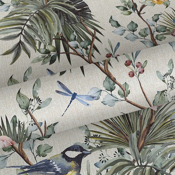 Sanders und Sanders Tapete tropische Dschungelblätter und Paradiesvögel Graugrün - 53 cm x 10 m - 640002