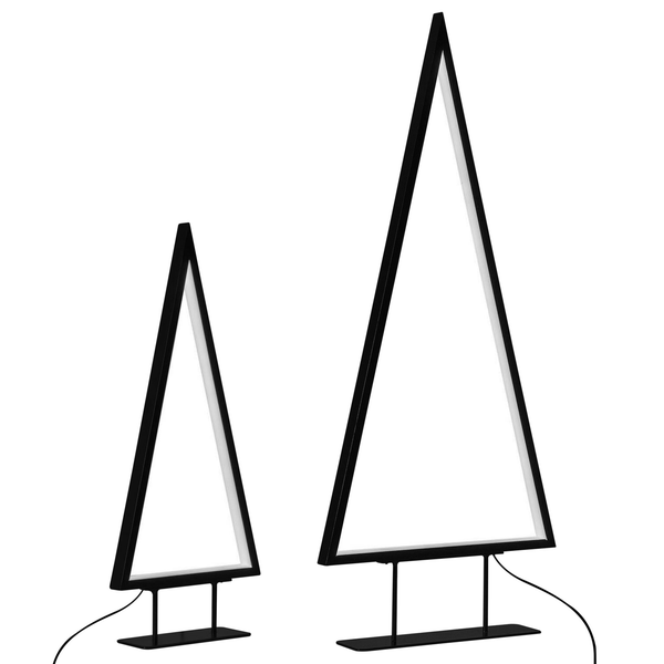 Zwei dreieckige LED-Dekoleuchten auf schwarzen Metallständern