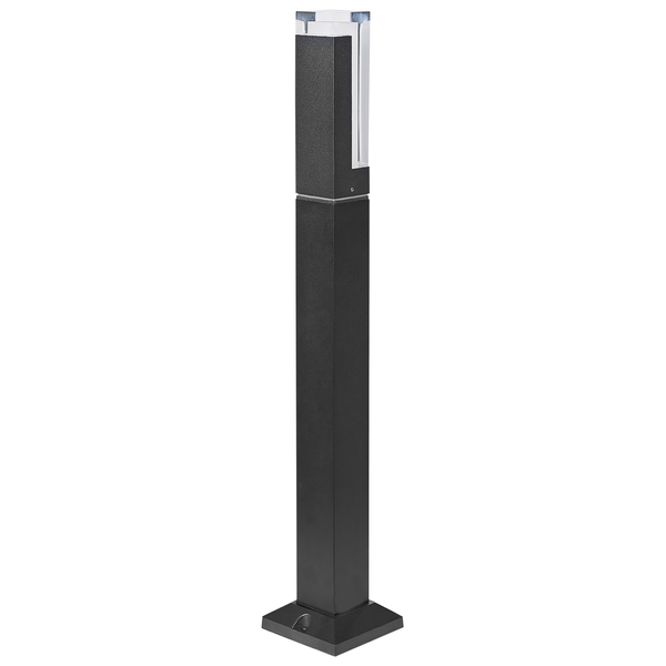 Außen-Sockelleuchte, quadratische Säule in Dunkelgrau mit transparentem Lichtdiffusor oben.