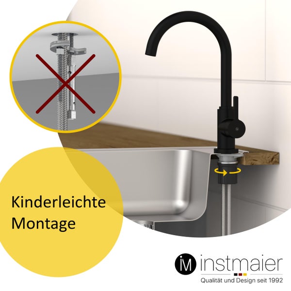 instmaier Küchenarmatur K3 | 360° schwenkbar | Wasserhahn Küche | Spültischarmatur Schwarz Matt | Hoher Auslauf | mit Zentralverschraubung