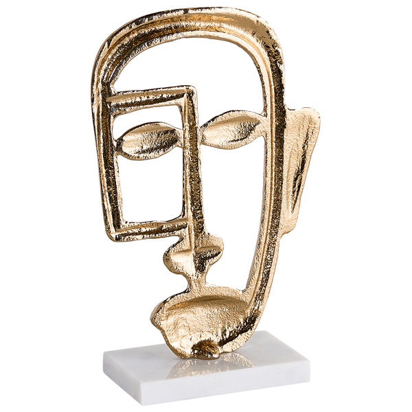 Dekorative Skulptur eines stilisierten Gesichts auf einem Sockel