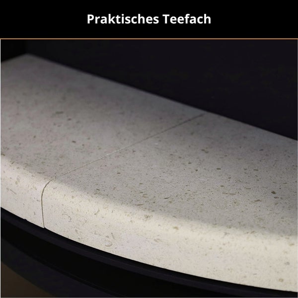 Steinablage als praktisches Teefach für einen Kaminofen