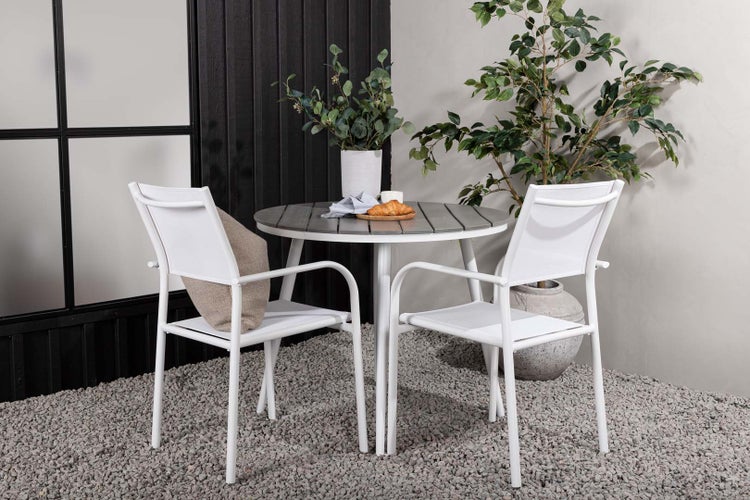 Break Gartenset Tisch Ø90cm grau, 2 Stühle Santorini weiß. 90 X 90 X 74 cm