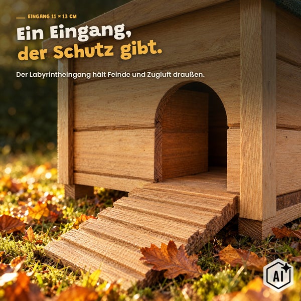 Igelhaus aus Holz mit Labyrintheingang und Rampe für den Garten