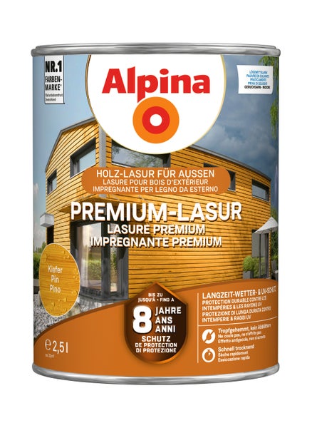 Alpina Premium Lasur für Holz im Außenbereich, Kiefer, 2,5 Liter Dose für Wetterschutz und UV-Schutz.