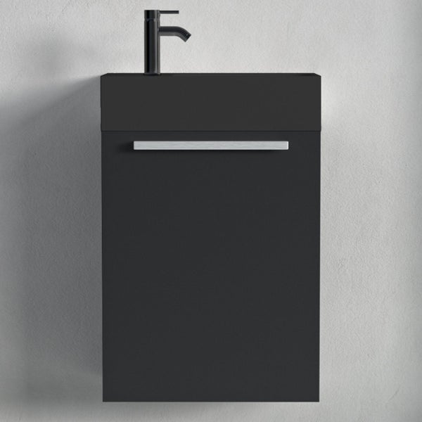 Hängender Waschbeckenunterschrank mit Armatur und Metallgriff für Badezimmer.