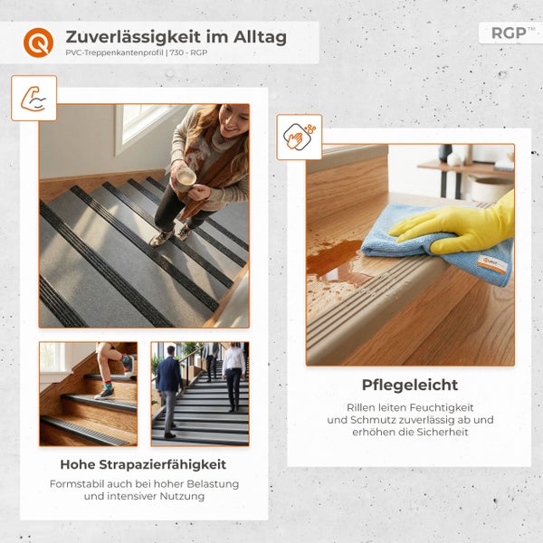 PVC-Treppenkantenprofile auf Treppen installiert, zeigen hohe Strapazierfähigkeit und einfache Reinigung mit einem Tuch. Quest Logo.