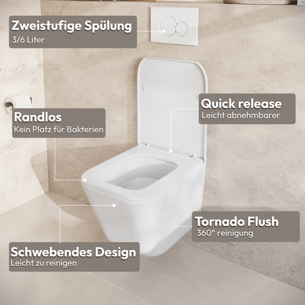 Wandhänge WC mit Tornado Spülung, randlosem Design, abnehmbarem Deckel und zweistufiger Betätigungsplatte in einer modernen Badezimmerumgebung.