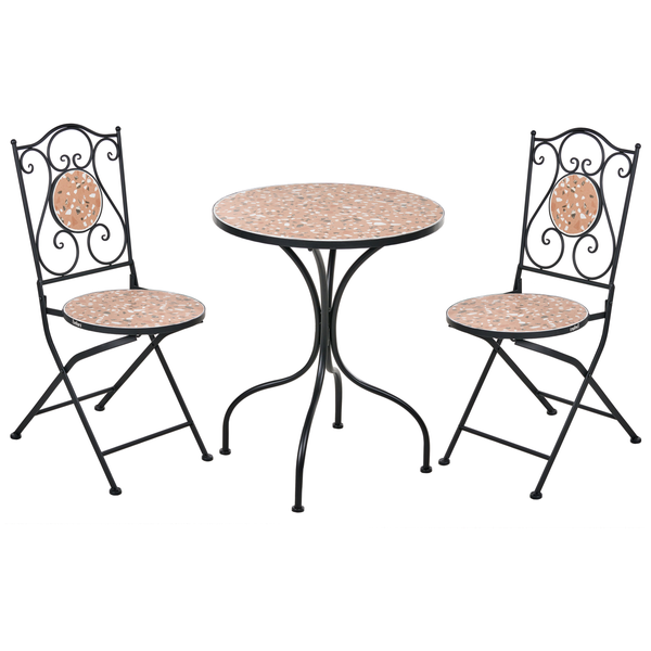 Gartentischgruppe mit zwei Klappstühlen und einem runden Tisch mit Terrazzo-Optik