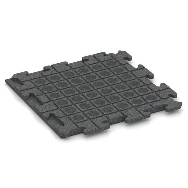 Eine graue Puzzlematte mit quadratischem Muster und runden Vertiefungen.
