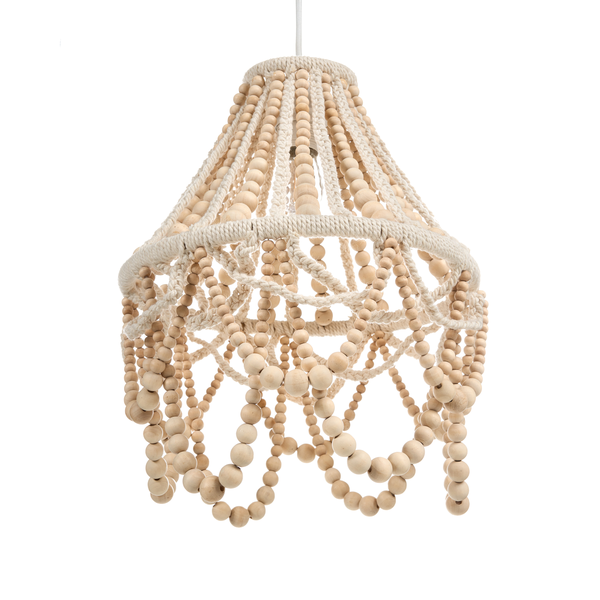 Hängelampe mit Holzperlen und Seilaufhängung