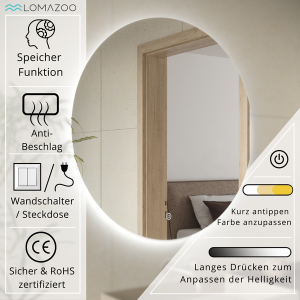 Runder LED Badezimmerspiegel von Lomazoo mit Speicherfunktion, Antibeschlag, Touchsteuerung für Lichtfarbe und Helligkeit sowie Wandanschluss.
