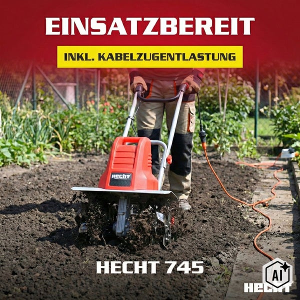 Elektro-Bodenhacke Hecht 745 beim Bearbeiten von Gartenboden mit Kabelzugentlastung