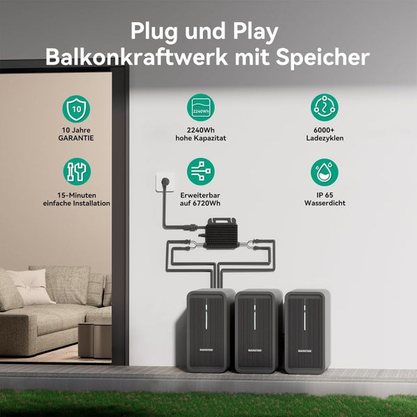 Marstek B2500 Speicher 2240Wh für Balkonkraftwerke, LiFePO4 Akku 6000 Ladezyklen, Erweiterbar, Einfache Installation, IP65 wasserdicht & staubfest